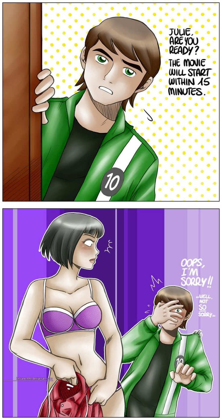 two comics showing the same man and woman in different outfits, one is wearing a bra top