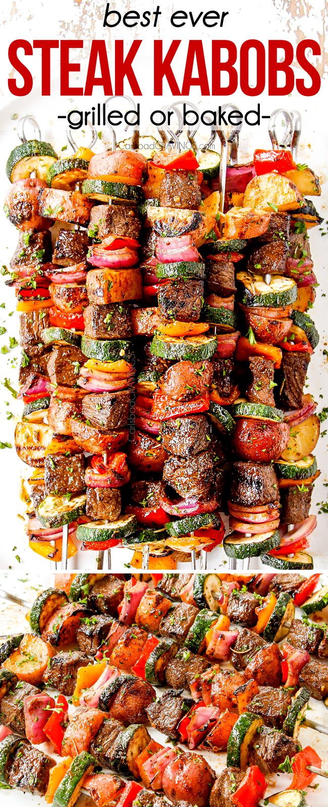 steak kabobs stacked on top of each other with the words best ever steak kabobs grilled or baked