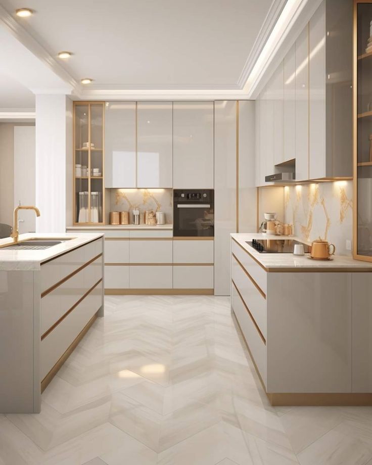 a modern kitchen with white and gold accents