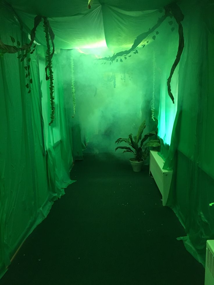 a dark hallway with green curtains and plants in the corner, all lit up by lights