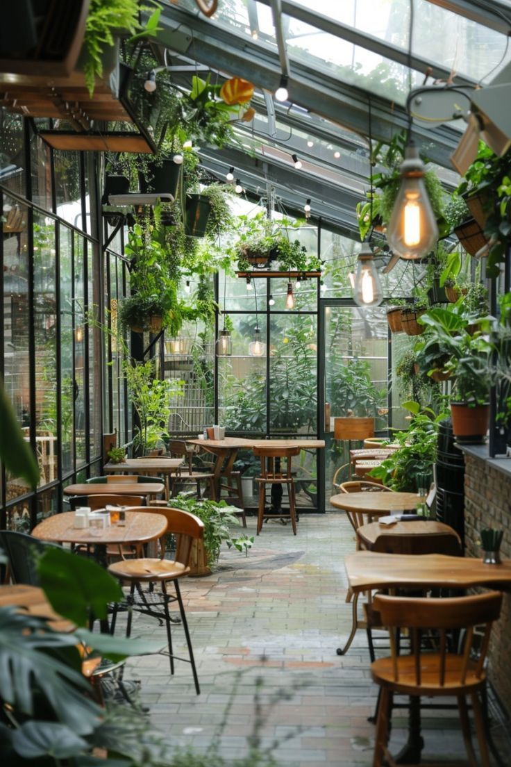 the inside of a greenhouse with tables and chairs