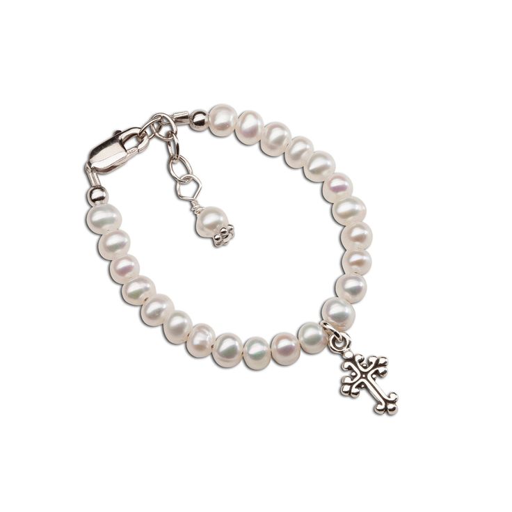 "From our \"Timeless Collection\" this keepsake freshwater pearl bracelet is perfect for baptisms, christenings, dedications or first communion gift.  This sweet bracelet is accented in the center with a sterling silver cross and a drop pearl accent.  This piece is designed with rhodium-plated components to prevent tarnish. This is a high-quality bracelet made to be a keepsake she can treasure....hand-beaded in the USA!    Perfect religious gift!  This bracelet comes in our Timeless Collection gift box!   FREE SHIPPING ON STANDARD ORDERS - Ships within 1 business day! Each bracelet has a grow-with-me extension chain for a perfect fit.  Please see sizing chart below: SM (0-12 months) 4 - 4.5 inches MED (1-5 years) 5 - 5.5 inches LG (6-12 years) 6 - 6.5 inches Matching Necklace: https://etsy Adjustable Personalized Pearl Bracelet For Baptism, White Pearl Charm Bracelet For First Communion, Adjustable Silver Pearl Bracelet For Baptism, Elegant Pearl Rosary Bracelet For Baptism, Classic Adjustable Jewelry For First Communion, White Hypoallergenic Pearl Bracelet For First Communion, Hypoallergenic White Pearl Bracelet For First Communion, Personalized White Pearl Bracelet For Baptism, Elegant Hypoallergenic Rosary Bracelet For Baptism