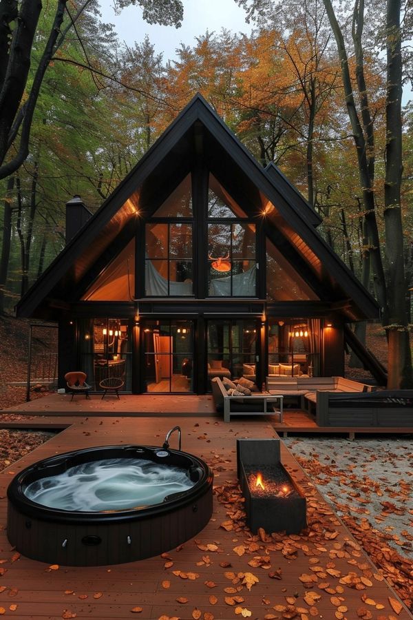 a large hot tub sitting in front of a wooden cabin surrounded by trees and leaves