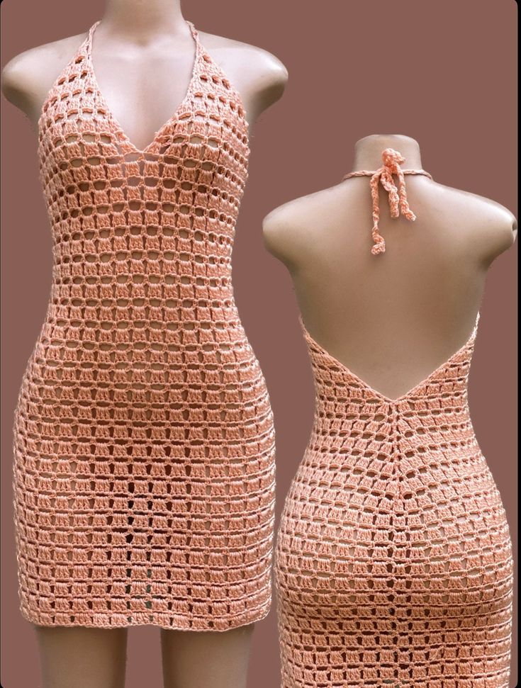 a mannequin wearing a dress made out of crocheted material with a halter neckline