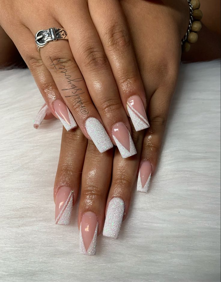 Sparkly V French Tip Nails, Medium Sns Nails, V French With Glitter, Glitter And White French Tip Nails, Pink And White French Tip Nails Square Medium, Sugared Nail Design, Birthday Nails White Glitter, Medium Square Acrylic Nails Designs Ombre, White Nails Medium Length With Design