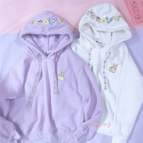 Bunny Rabbit Flower Embroidery Hoodie Sweatshirt Ropa Color Neon, Korean Hoodies, Moda Ulzzang, Rabbit Flower, Aesthetic Hoodies, Velvet Sweater, Pastel Goth Fashion, Embroidery Hoodie, Kawaii Fashion Outfits