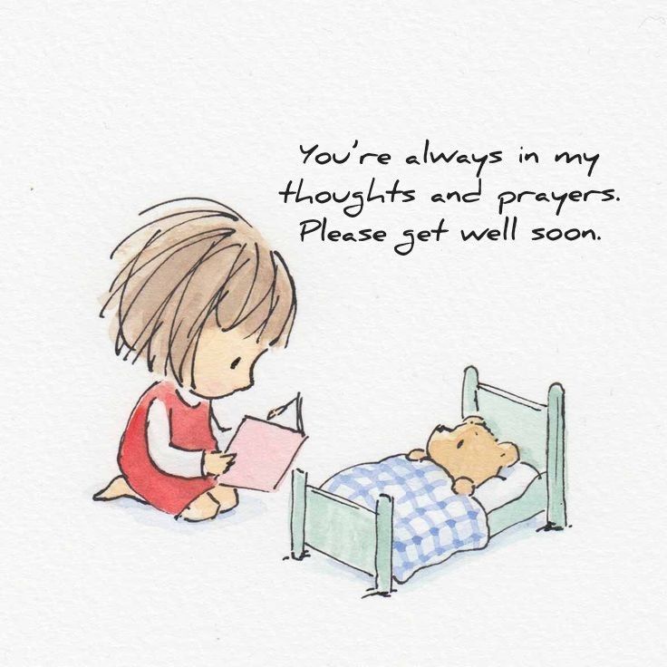 a drawing of a child reading to a teddy bear on a bed with the caption you're always in my thoughts and prayer and prayer please get well soon