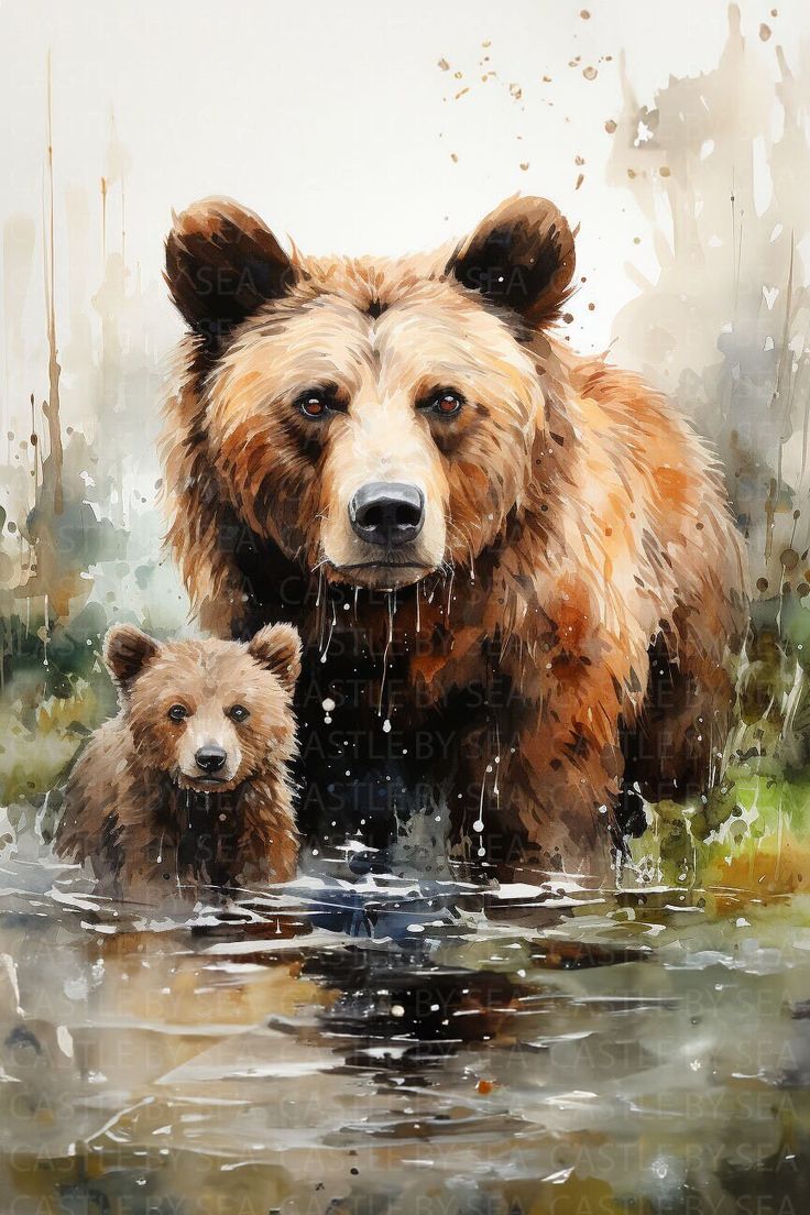 a bear and her cub are in the water