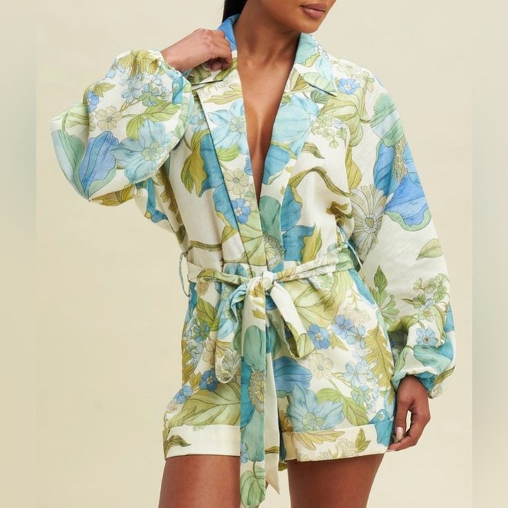 Romper Summer Blue Floral Print Outerwear, Blue Floral Print Summer Outerwear, Blue Floral Print Outerwear For Vacation, Chic Light Blue Summer Outerwear, Blue Spring Outerwear For Brunch, Spring Blue Outerwear For Brunch, Chic Blue Summer Outerwear, Blue Outerwear For Brunch In Spring, Blue Garden