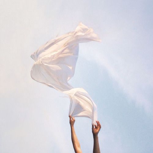 a person holding up a white cloth in the air