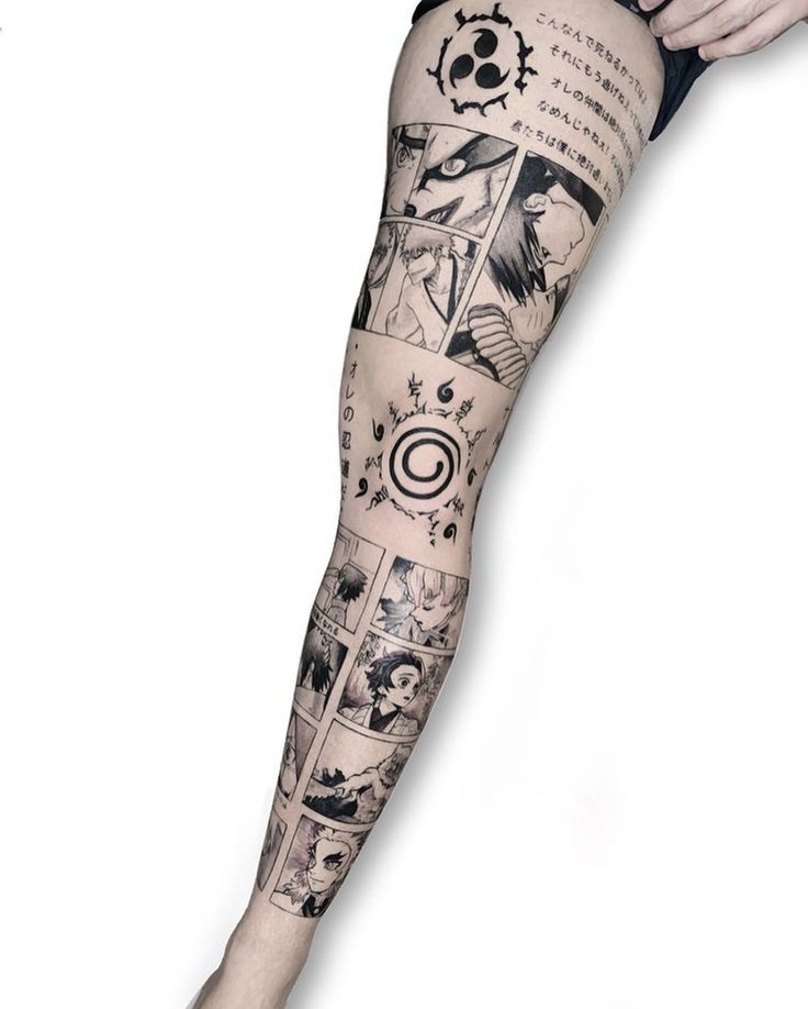 a man's leg with tattoos on it