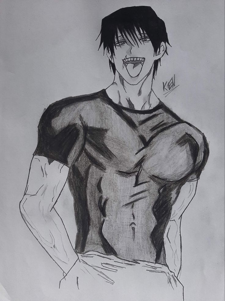 a black and white drawing of a shirtless man with his hands on his hips