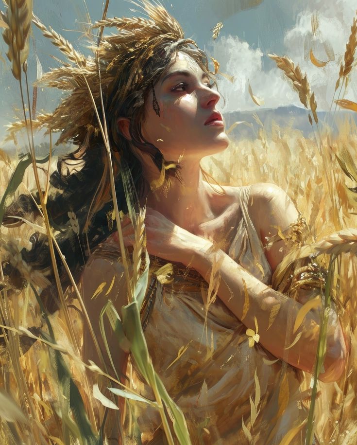 a painting of a woman in a wheat field