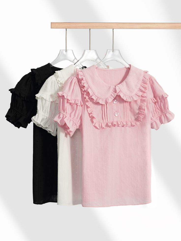 Elevate your Lolita wardrobe with this essential cotton blouse, designed to complement any Lolita dress effortlessly. Featuring a delicate round flat collar adorned with intricate lace trims, this blouse exudes timeless elegance. The ruffled details add a touch of whimsy, while the half button closure ensures a perfect fit.  The short puff sleeves, complete with elastic cuffs, offer both comfort and style, making this blouse a versatile piece for any occasion. Crafted from high-quality cotton, i Blouse Designed, Steampunk Fashion Male, Gothic Skirts, Flat Collar, Lace Trims, Cotton Blouse, White Blazer, Steampunk Fashion, Lolita Dress