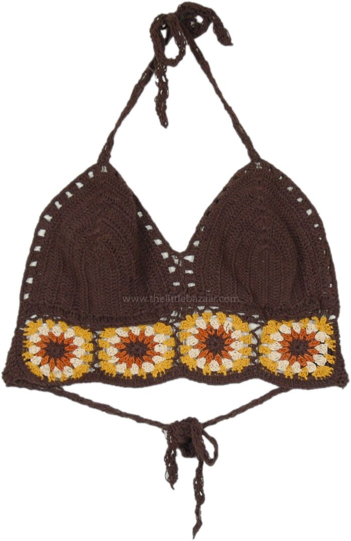 This handmade bohemian bra top is crafted from soft cotton crochet and comes in two sizes.  The top features a brown base with intricate crochet patterns in shades of yellow and beige, creating a visually appealing design. #tlb #Sleeveless #CrochetClothing #vacationclothing #beachwrap #bohemianfashion #Handmade #BohemianBralette #Crochettop #Cottontop Fitted Bohemian Brown Crop Top, Beach Crochet Top In Brown, Brown Crochet Beach Top, Brown Crochet Top For Beach, Beach Brown Crochet Top, Brown Crochet Top For Summer Vacation, Brown Cotton Crochet Top For Vacation, Bohemian Brown Cotton Crop Top, Summer Brown Crochet Lace Top