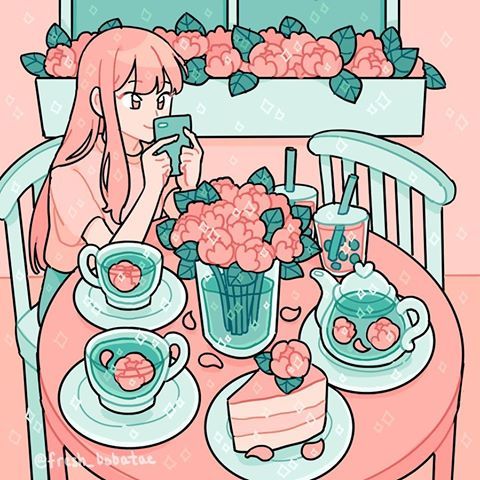 a woman sitting at a table with tea cups and plates in front of her eating food