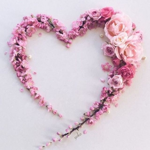 a heart made out of pink flowers on a white background