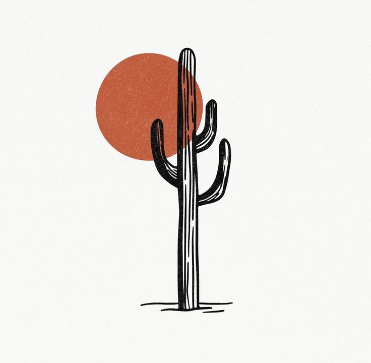 a drawing of a cactus with the sun in the background