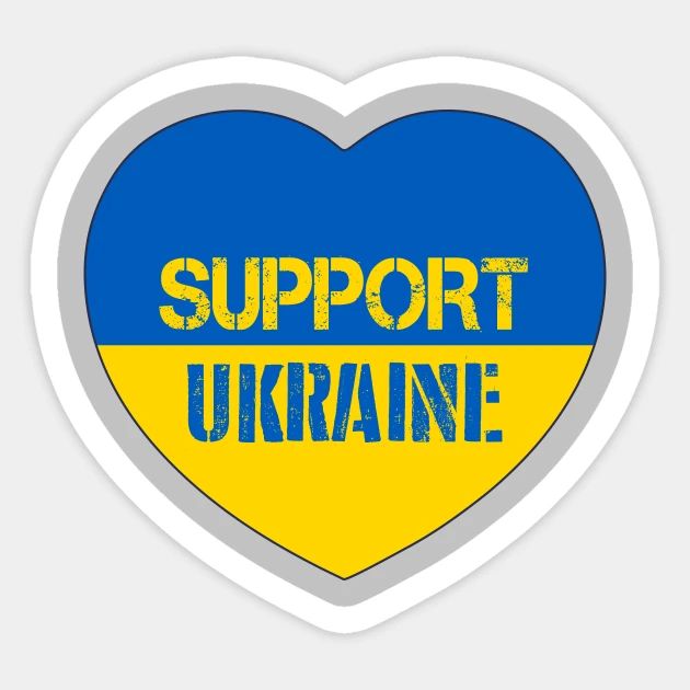 a heart shaped sticker with the words support ukraine in blue, yellow and grey