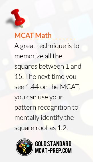 a text message that reads, mcat math a great technique is to memoize all the squares between 1 and 15