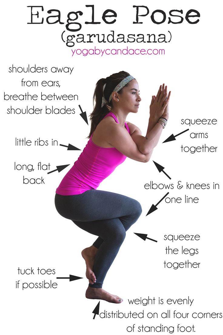 a woman doing yoga poses with the words eagle pose on her chest and arms above her head