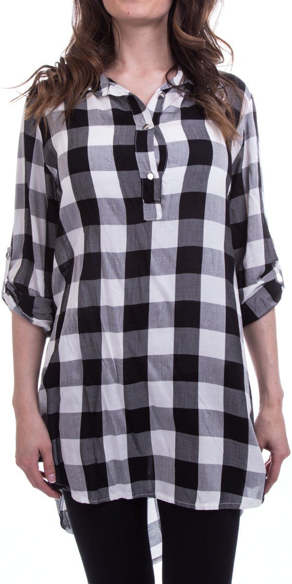 Collared Shirt with Henley Placket Down the Front. Large-style Gingham all-over print. Cuffed-Sleeves. 60% Cotton 40% Acrylic One Size | OS Made in Italy Shirt With Collar, Gingham Shirt, Gingham Print, Collared Shirt, Long Shirt, Cuff Sleeves, Collar Shirts, Short Dress, Women's Plaid Shirt