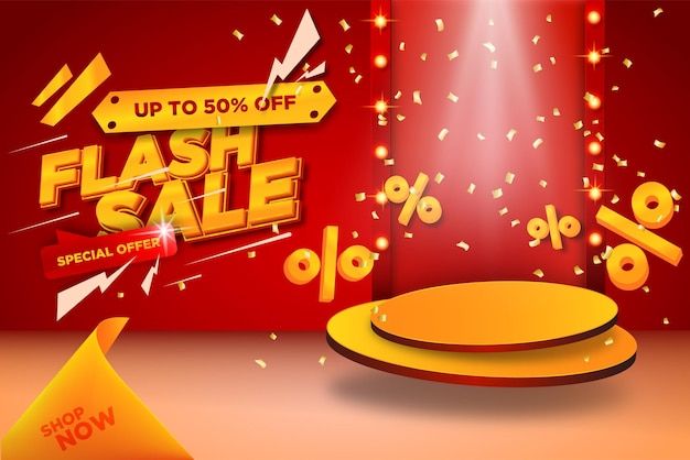 a flash sale banner with an orange podium and red background