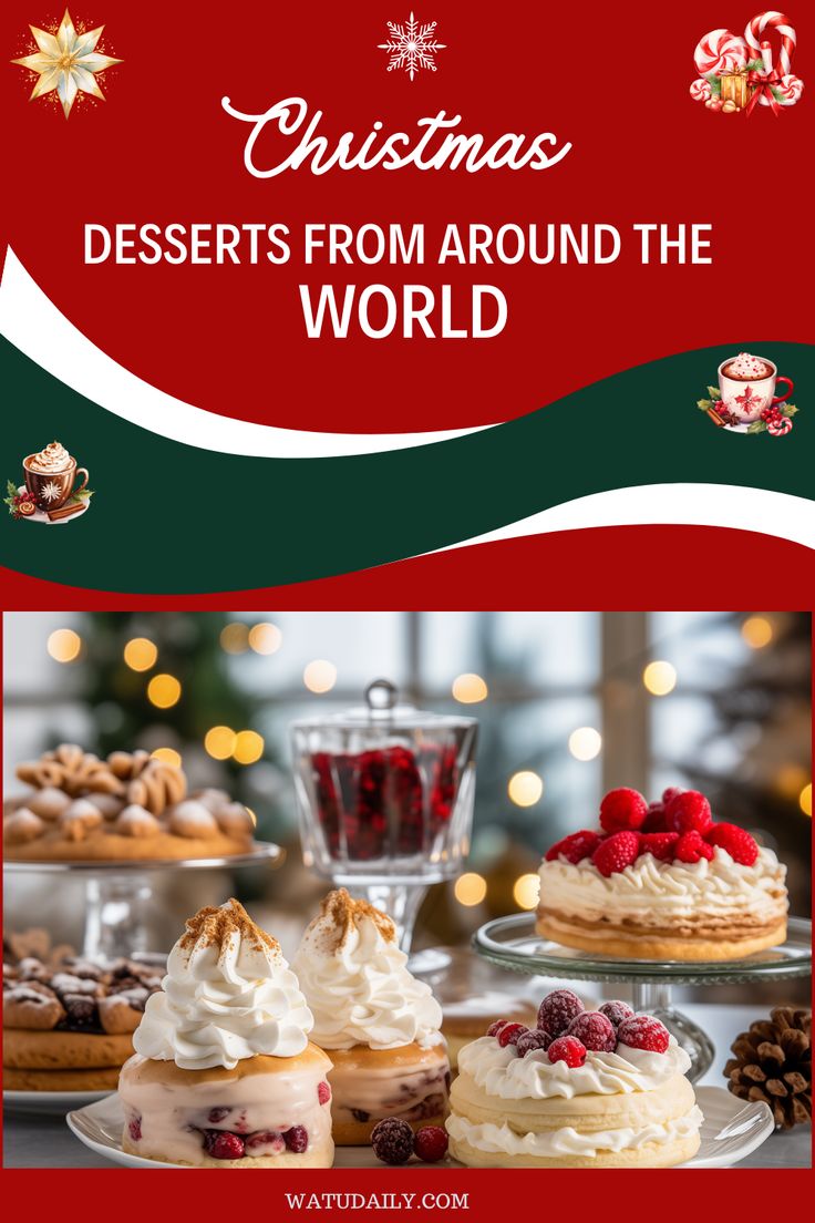 christmas desserts from around the world are featured in this postcard for holiday celebrations