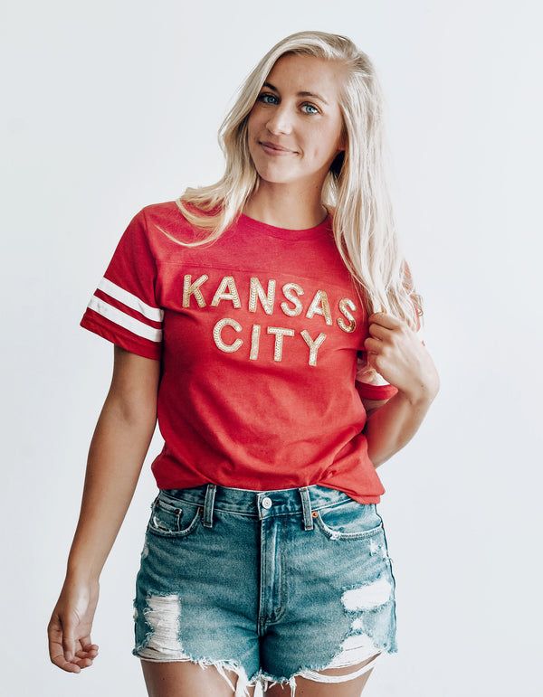 Red Kansas City Sequin Football Tee Go Chiefs, Sequin Tee, Football Tee, Mama Tee, Stripes Texture, Football Tees, Sequin Tank, Blue Tee, Sweater Set