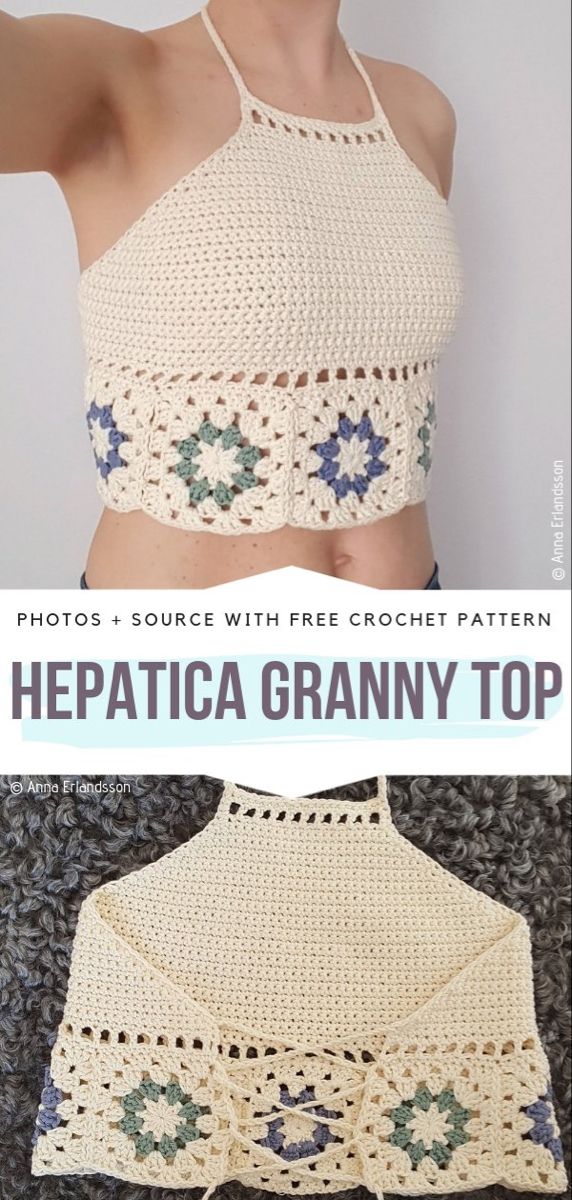 a crocheted crop top is shown with the text, hepatitica granny top