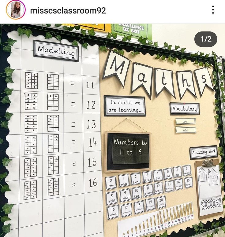 a bulletin board with numbers to 10 and missing tenes on it in front of a classroom wall