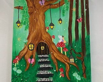 a painting of a tree house with fairy lights hanging from it's branches and mushrooms on the ground