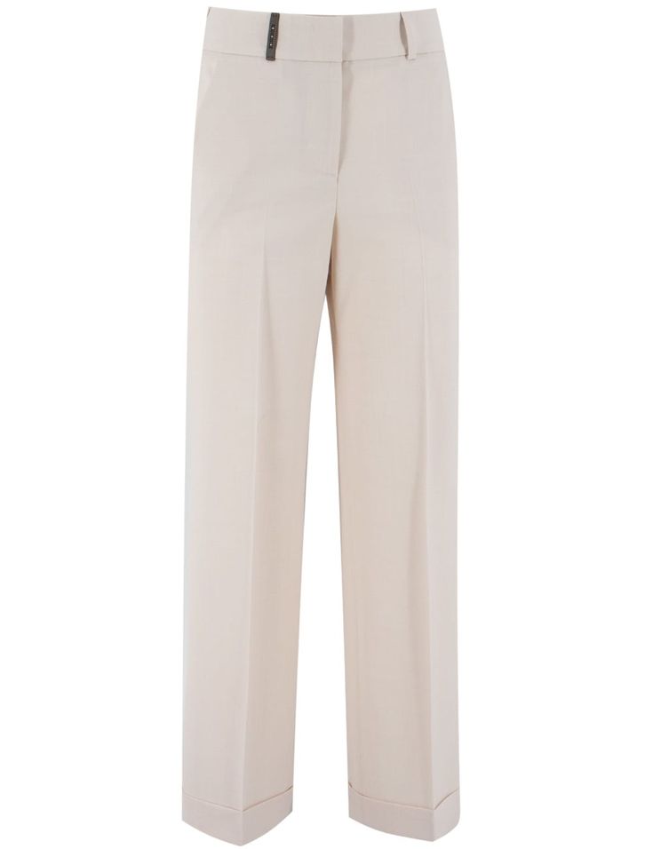 Sophisticated and authentic high-waisted trousers with a classic and timeless style, made of cool bi-stretch wool canvas. The loose fit and turn-up hem add a distinctive touch. A touch of simplicity is provided by the front and welt pockets on the back. Composition: 53% PL, 43% WV, 4% EA Formal Wool Wide Leg Pants For Spring, Elegant Wool Wide Leg Pants For Spring, Chic Beige Pants With Straight Hem, Elegant Wide Leg Wool Pants For Spring, Classic Spring Dress Pants With Elastane, Spring Classic Elastane Dress Pants, Classic Spring Dress Pants, Chic Beige Wool Pants, Modern Tailored Wide Leg Pants With Pressed Crease