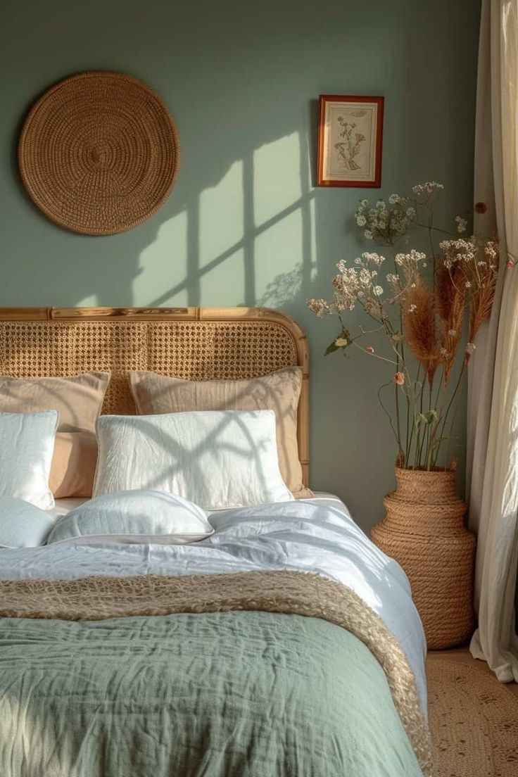 a bed sitting in a bedroom next to two vases with flowers on top of it