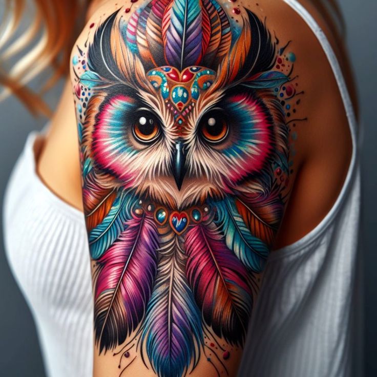 an owl with colorful feathers on it's back is shown in this tattoo design