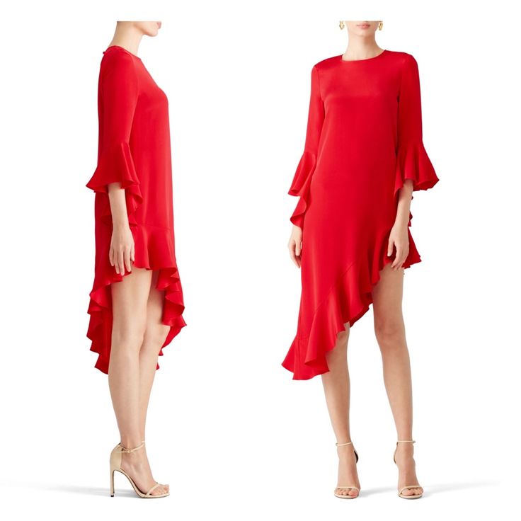 This Alexis Dress With An Edgy Asymmetrical Hem And Fun Bell Sleeves Gives Off Major Vintage Vibes. Red Crepe (100% Silk). ¾ Sleeves. Crew Neckline. Shift. Visible Top Button Closure. 34" From Shoulder To Shortest Part Of Hem. 54” From Shoulder To Longest Part Of Hem. Size: Xs Approx. Measurements: Pit-To-Pit: 17.5” Waist: 34” Length: 31” / 48” (High/Low Hem) 100% Silk Brand New With Tags *Modeled Pics Are Stock Photos For Style Reference Thanks For Looking & Questions Welcomed Red Asymmetrical Formal Dress, Red Midi Dress With Asymmetrical Hem For Evening, Red Asymmetrical Hem Midi Dress For Evening, Red Asymmetrical Midi Dress For Evening, Red Asymmetrical Mini Dress For Formal Occasions, Elegant Red Dress With Asymmetrical Hem, Spring Red Midi Dress With Asymmetrical Hem, Red Knee-length Asymmetrical Dress For Spring, Red High-low Hem Dress For Spring