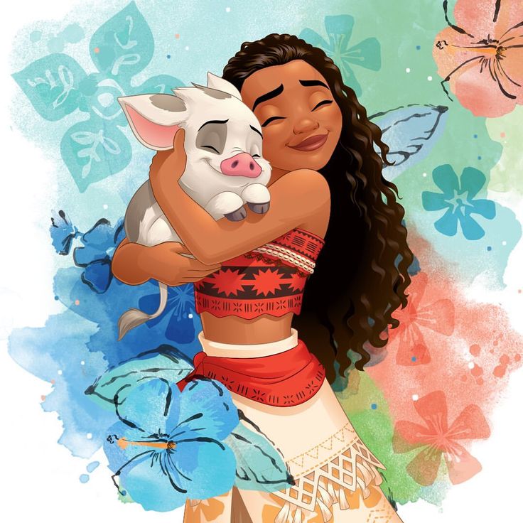 a woman holding a pig in her arms with flowers around her and butterflies surrounding her