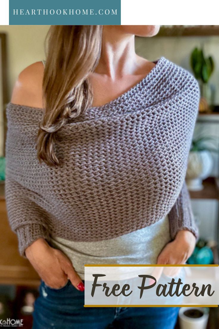 a woman wearing a gray sweater with the text free knitting pattern on it that says,