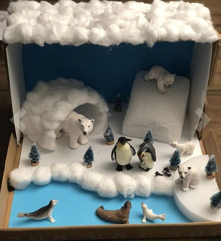 an open cardboard box filled with fake animals and snow