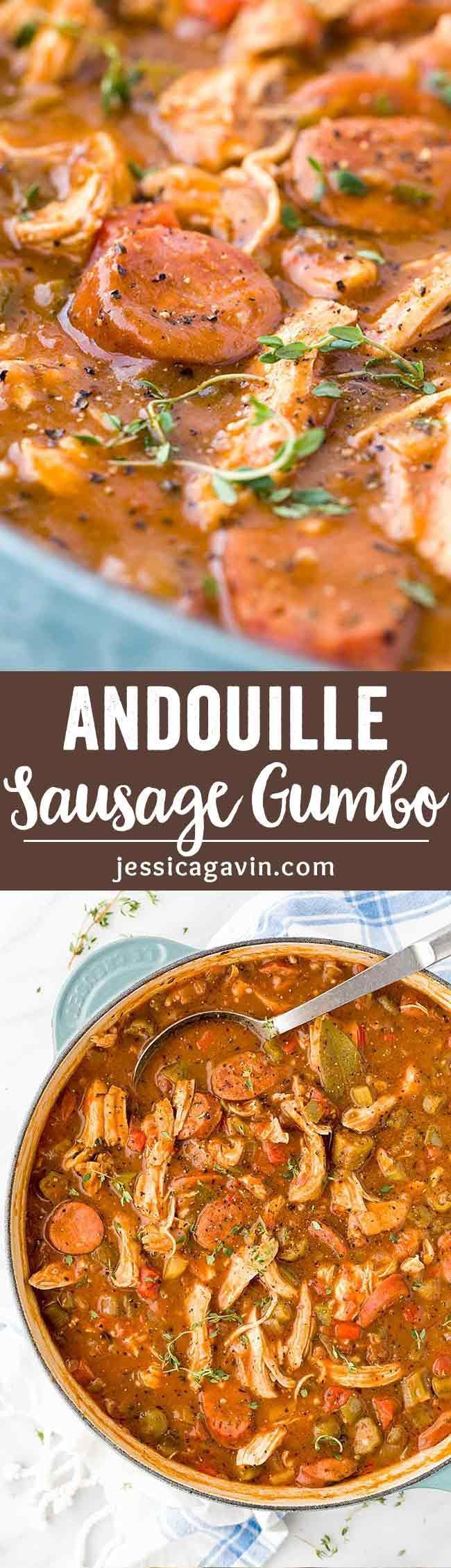 an image of sausage gumbo soup in a pan with the title above that reads, andoullie sausage gumbo