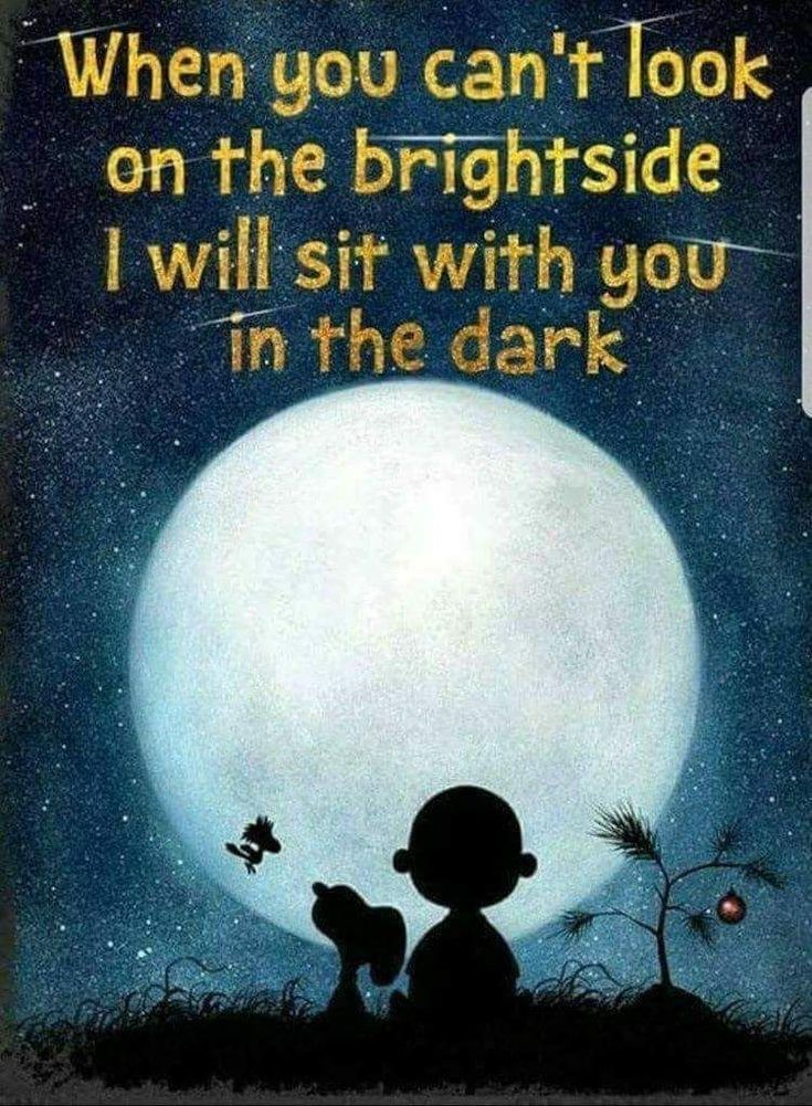 a little boy sitting in front of a full moon with the words, when you can't look on the brightside i will sit with you in the dark