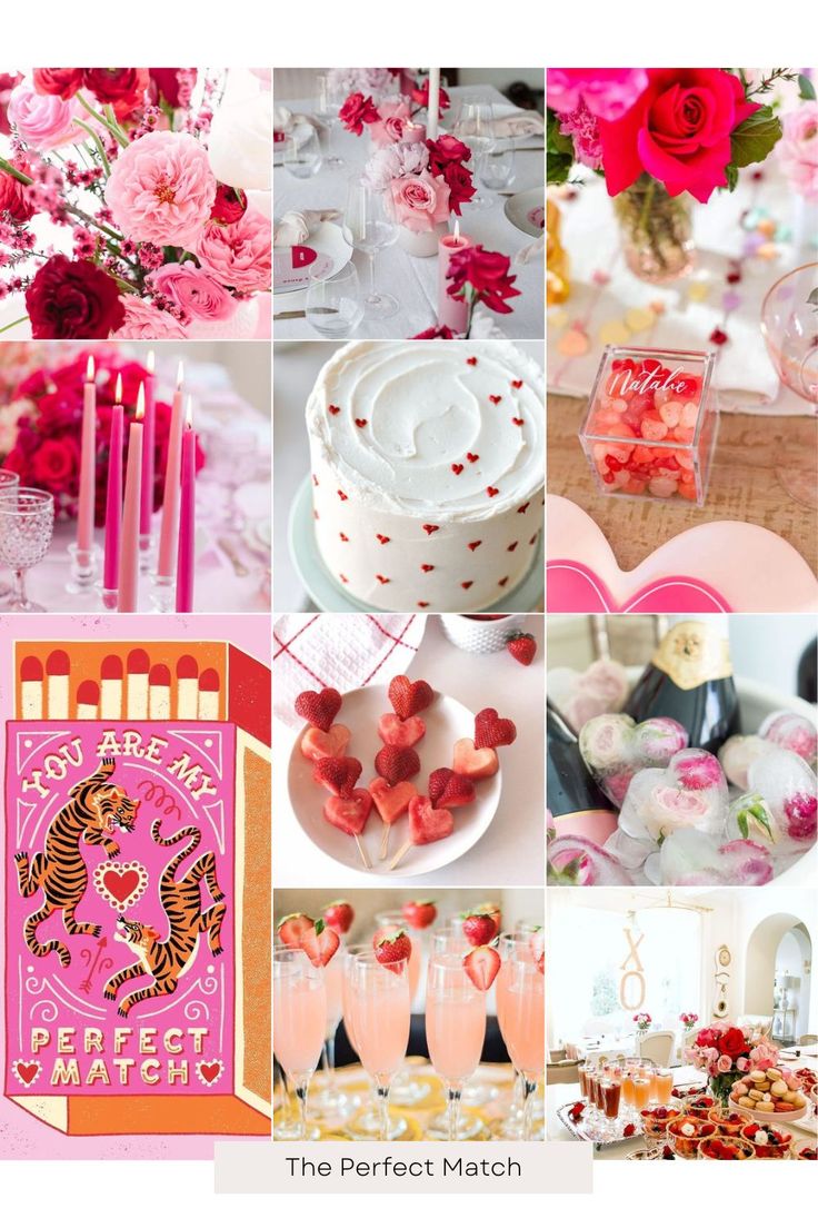 a collage of photos with pink and red flowers, candles, cake, cupcakes