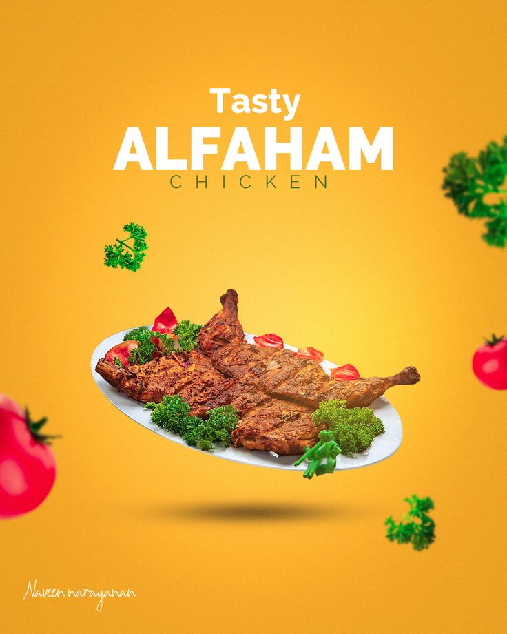 an advertisement for tasty alfaham chicken with broccoli and radishes