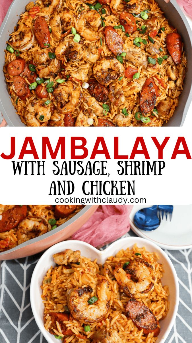 jambaalaya with sausage, shrimp and chicken in a heart shaped dish