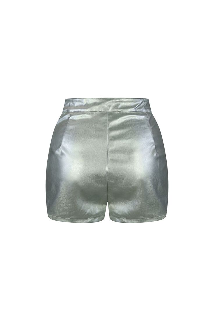 High waisted silver metallic PU shorts Fly button closure Runs true to size Shiny Bottoms For Spring Night Out, Trendy Shiny Metallic Bottoms, Trendy Metallic Shiny Bottoms, Solid Shiny Bottoms For Party, Shiny Solid Color Bottoms For Party, Metallic Shiny Bottoms For Spring, Fitted Shiny Short Bottoms, Shiny Solid Color Party Bottoms, Solid Shiny Party Bottoms