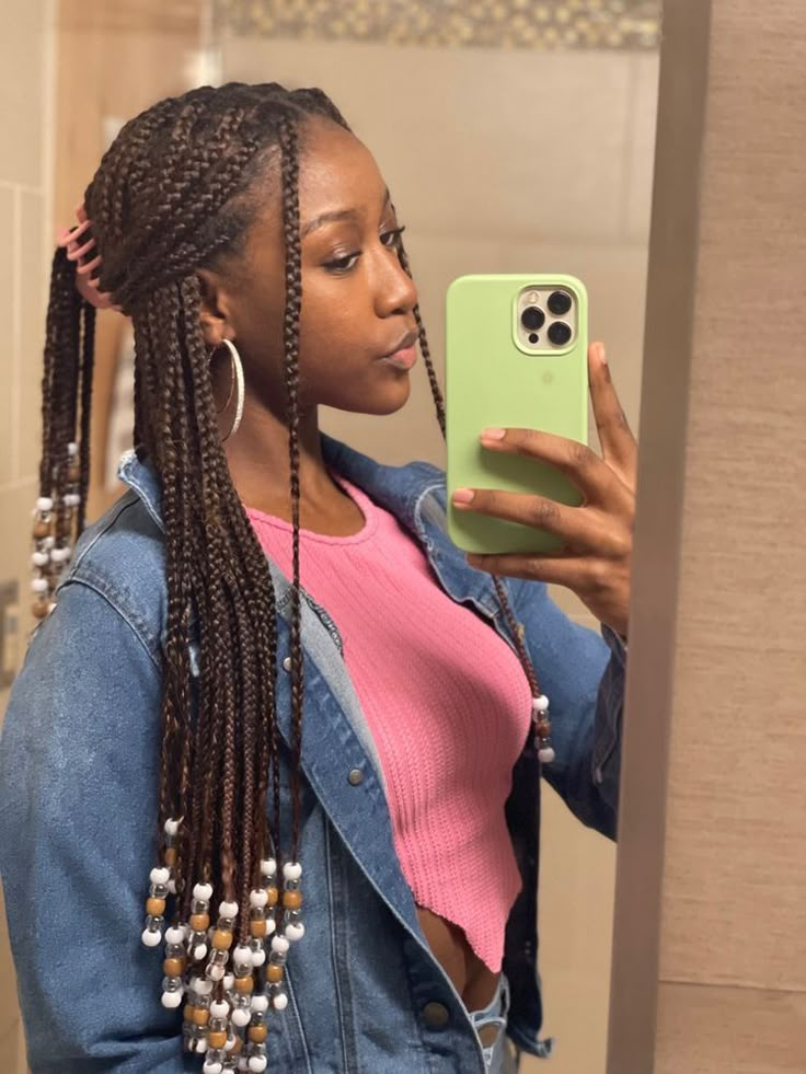 Braids With Clips Black Women, Medium Knotless Braids Beads, Claw Clip Hairstyles Braids With Beads, Braids With Beads Claw Clip, Pick A Boo Hair Color Ideas Braids, Light Brown Knotless Braids With Beads, Black Hairstyles Braids With Beads, Smeduiem Knotless With Beads, Knotless Braids With Clip