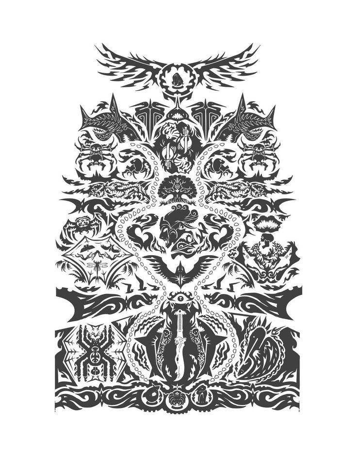 an intricately designed design with birds, flowers and other things in black on white