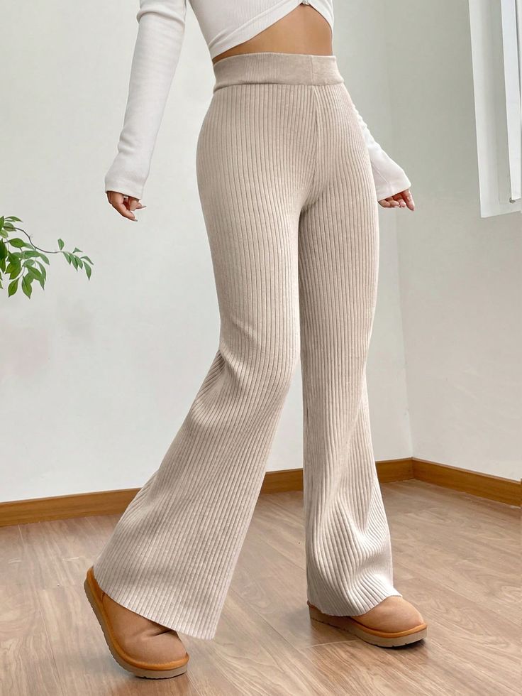 Plus Size Plain Ribbed Knitted Elastic Waist Pants Apricot Casual   Knitwear Plain  Medium Stretch  Women Plus Clothing, size features are:Bust: ,Length: ,Sleeve Length: Flare Sleeve Sweater, Butterfly Blouse, Winter Fit, Comfy Pants, Flare Leg Pants, Floral Midi Skirt, Elastic Waist Pants, Knit Pants, Inspiration Mode