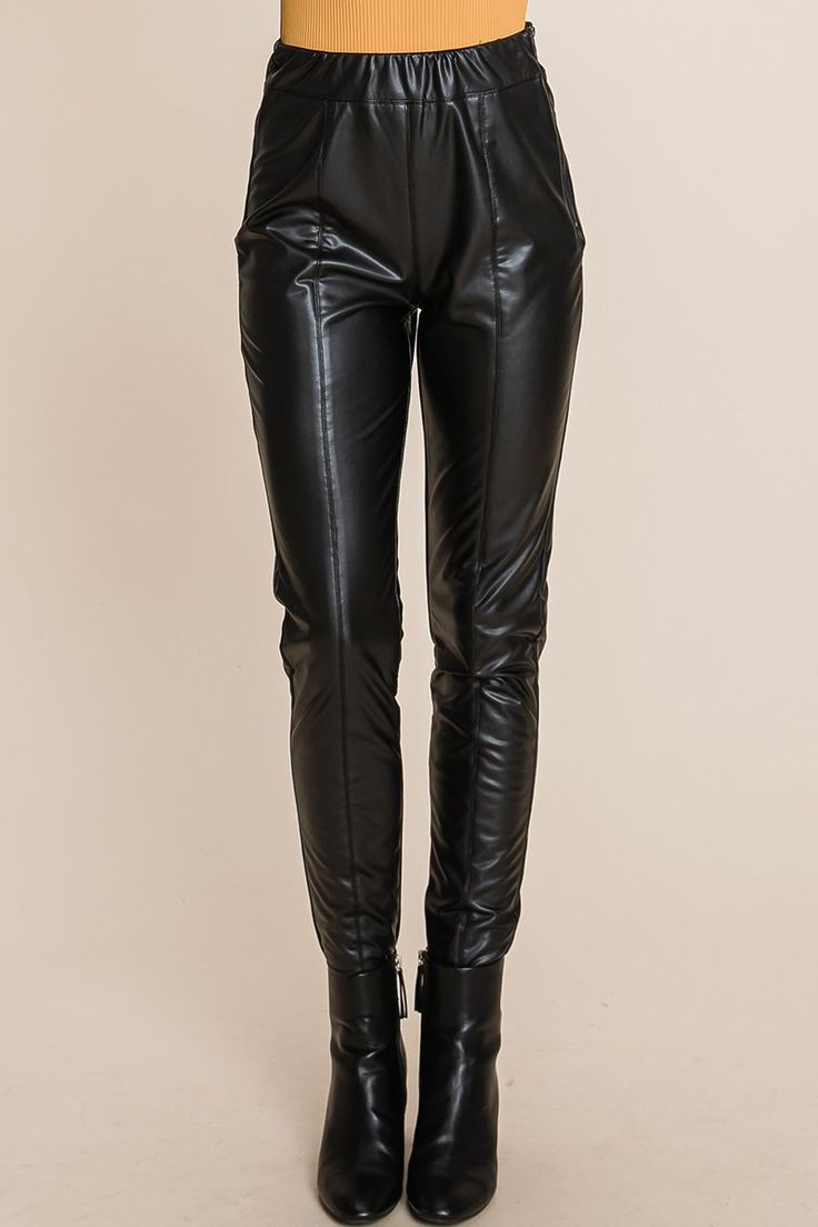 Features: Fleece Lining, Side Zipper closure, High waisted, Elastic waist band, elastic synthetic leather pants Occasion: Faux leather legging adds a charm and rock 'n' roll flair to your wardrobe, versatile and suitable for many occasion. Clubbing, Halloween, Christmas, Fancy night outings, Casual or daily wear, and easy to pair with T-shirts any garment Model is 5'7"(32 23 34.5) wearing small: S(4-6)/M(8-10)/L(12-14) Chic Winter Bottoms With Zipper Closure, Chic Bottoms With Zipper Closure For Winter, Winter Workwear Bottoms With Zipper Closure, Fitted Leather Pants With Zipper For Fall, Fitted Faux Leather Pants With Faux Front Pockets, Trendy Fall Leggings With Zipper Closure, Fitted Leather Pants For Night Out, Fall High Waist Leather Pants With Zipper, Winter Fitted Leather Pants With Zipper