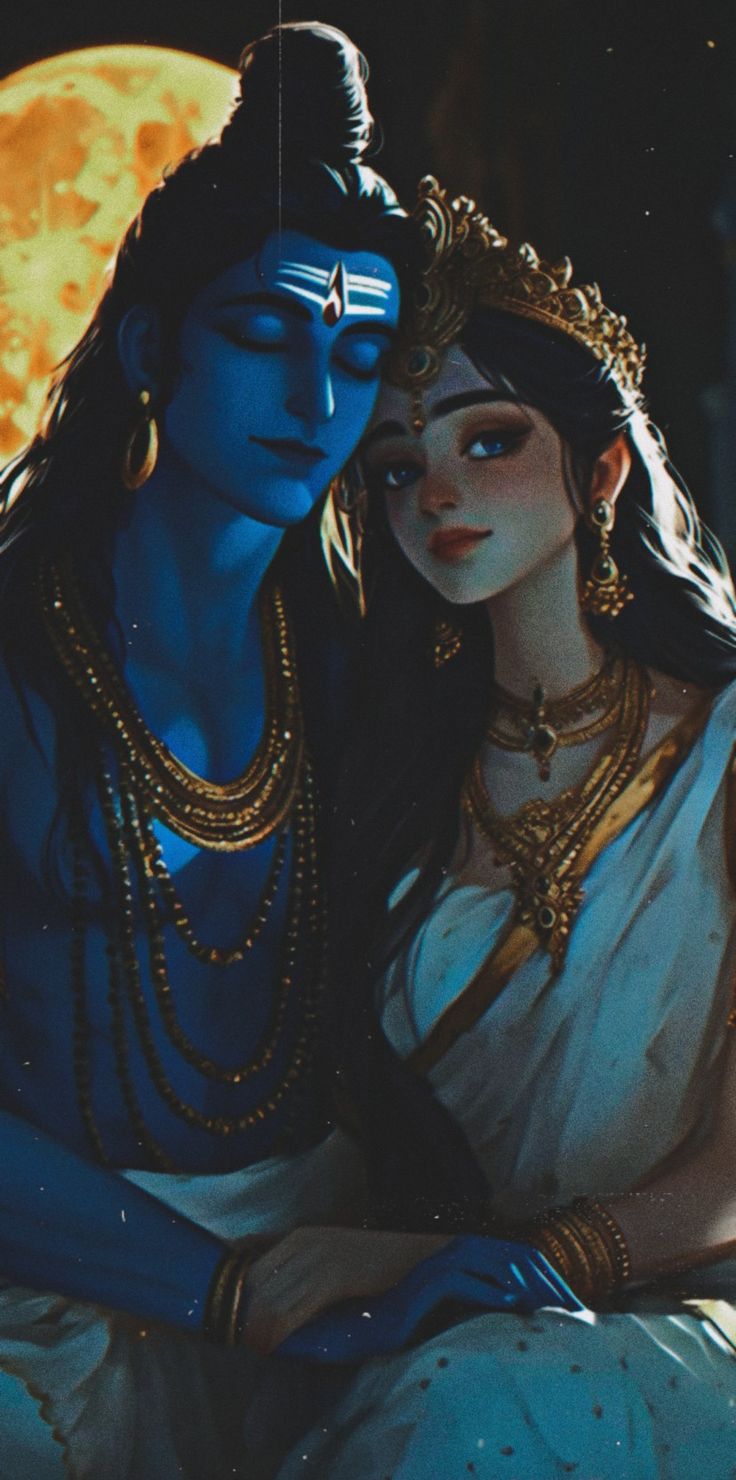 two women dressed in blue and gold sitting next to each other with the moon behind them